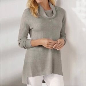 Soft Surroundings Heather Grey Ribbed Cowl Neck Sweater Tunic Wool Cashmere Cozy